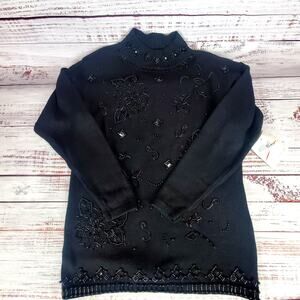 Vintage Deadstock 80's Black Beaded Tunic Sweater Dress M Dark Academia Goth NWT